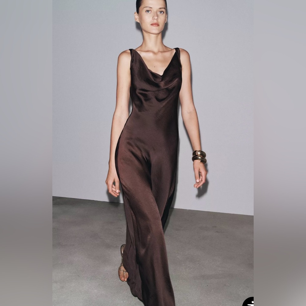 Zara Satin Brown Maxi Dress